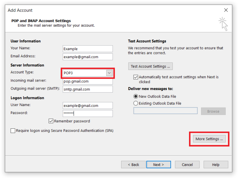 gmail outlook mail server settings